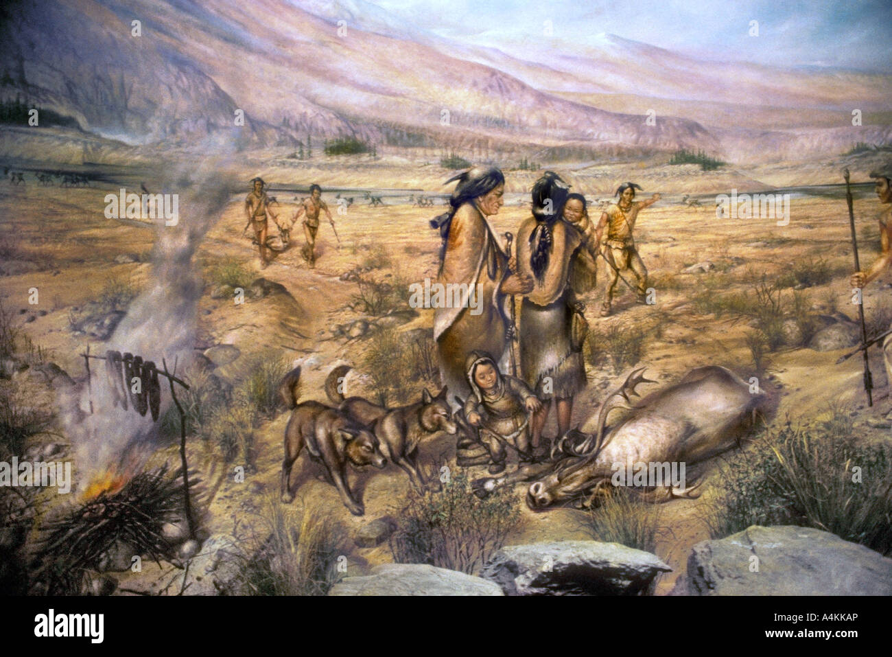 Paleoindian caribou Jäger in Nordamerika. Diorama, Maine State Museum Stockfoto