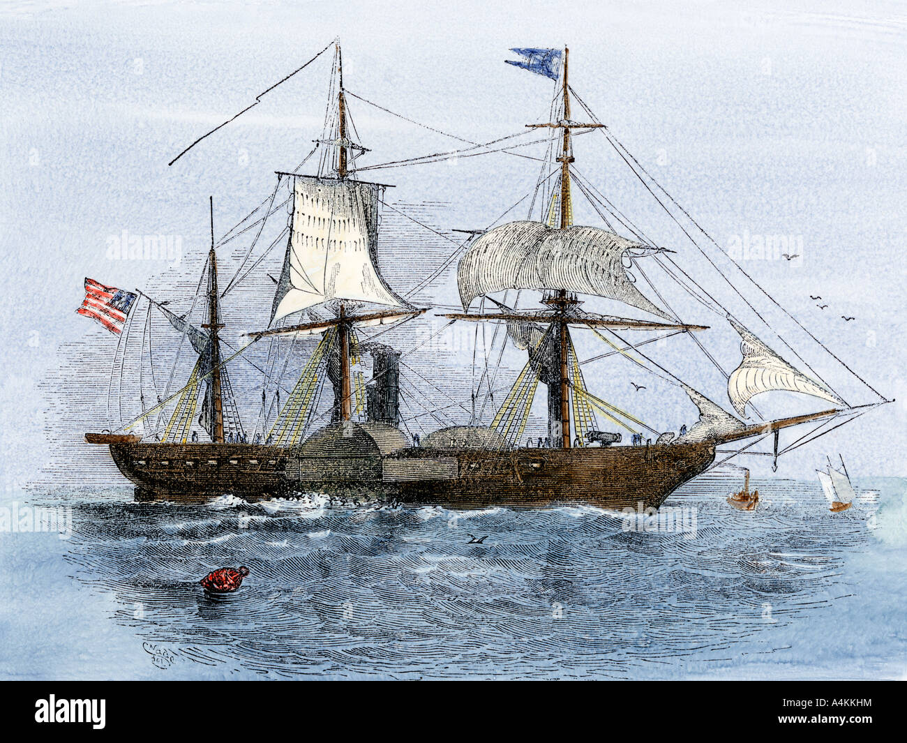 Naval steamship USS Mississippi Flaggschiff von Matthew Perry expedition Japan für den Handel 1852 zu öffnen. Hand - farbige Holzschnitt Stockfoto