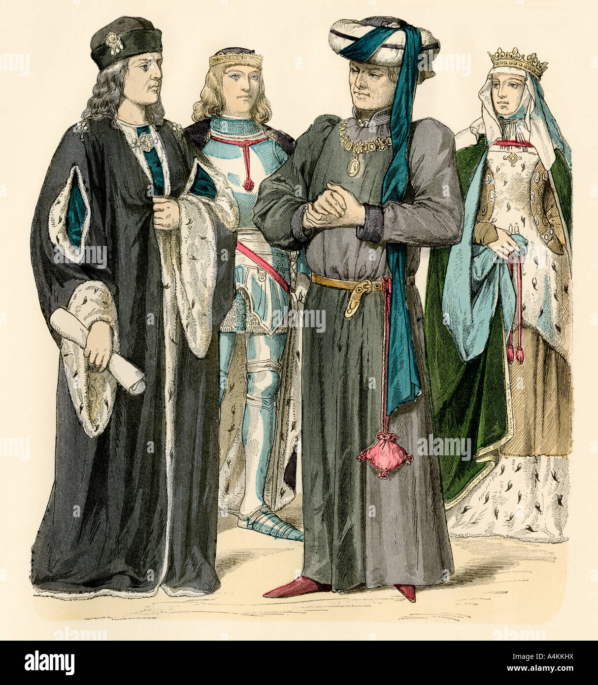 Englische Könige Heinrich VII. Links und Heinrich VI. mit der Herzog und die Herzogin von Suffolk hinten. Hand-farbig drucken Stockfoto