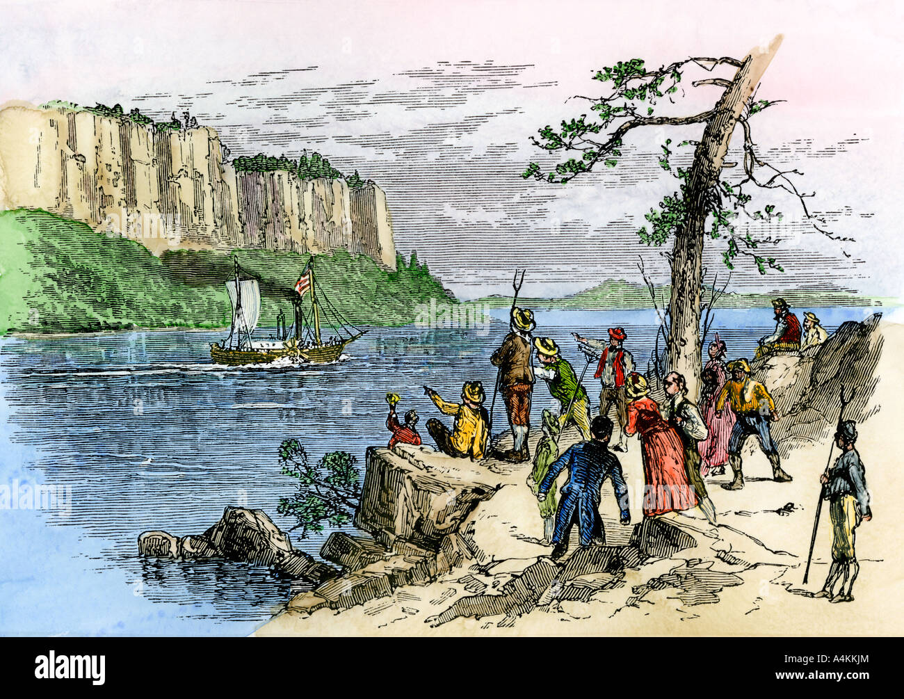 Die ersten Dampfer Clermont seine Jungfernfahrt auf dem Hudson River in 1807. Hand - farbige Holzschnitt Stockfoto