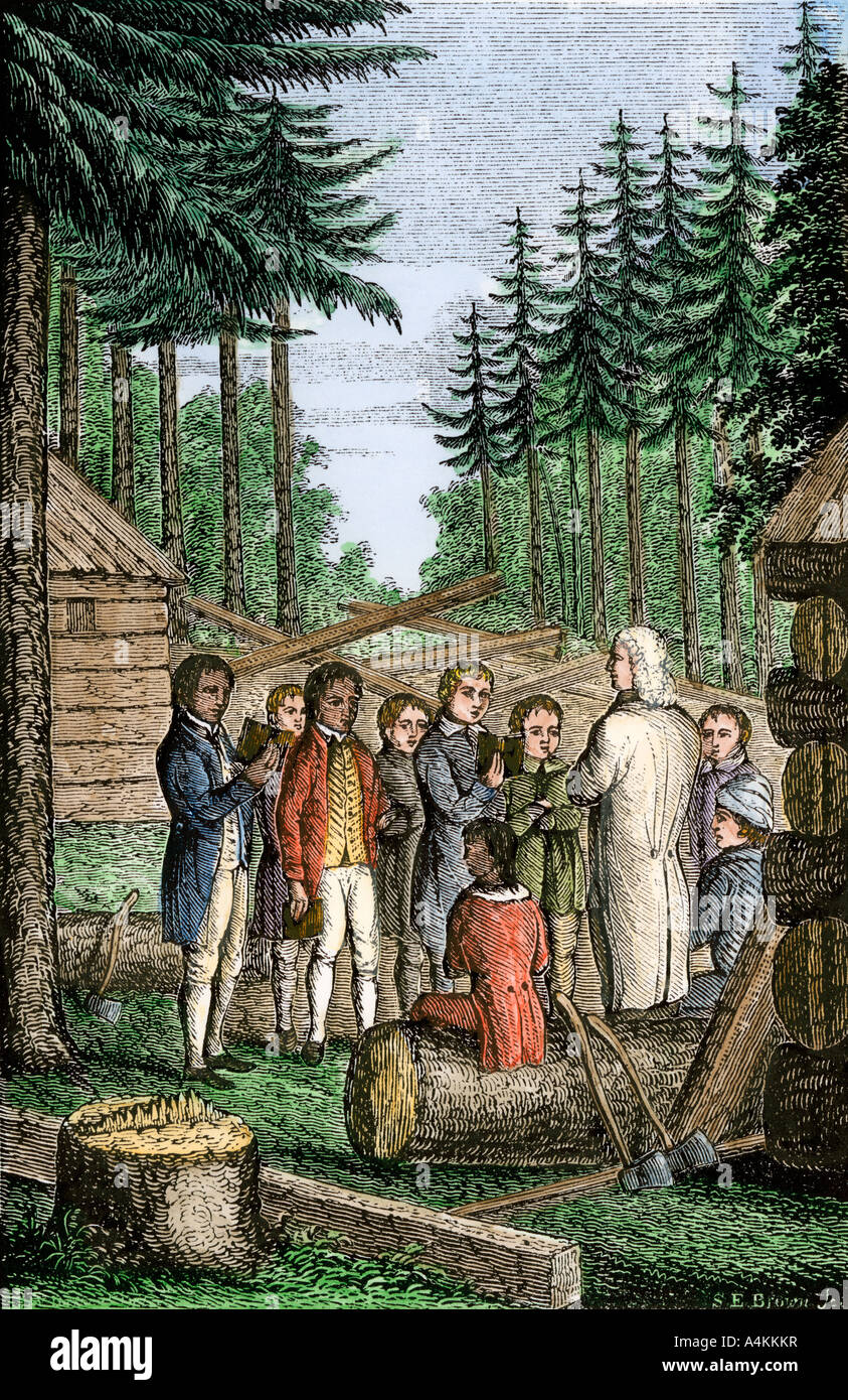 Eleazer Wheelock Gründung Dartmouth College in den Wäldern von New Hampshire 1770. Hand - farbige Holzschnitt Stockfoto
