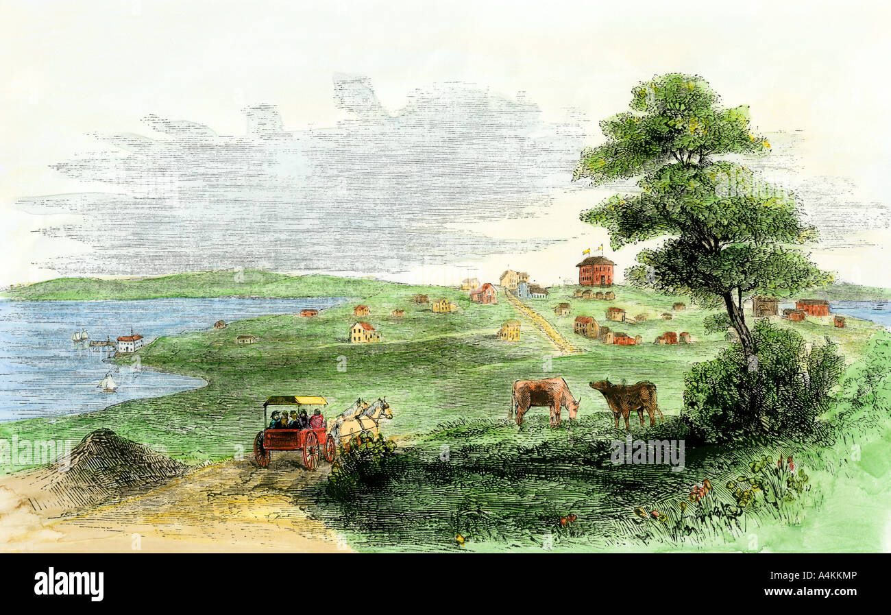 Vallejo die Hauptstadt von Kalifornien, wenn es zu einem neu aufgenommenen Zustand, Anfang 1850. Hand - farbige Holzschnitt Stockfoto