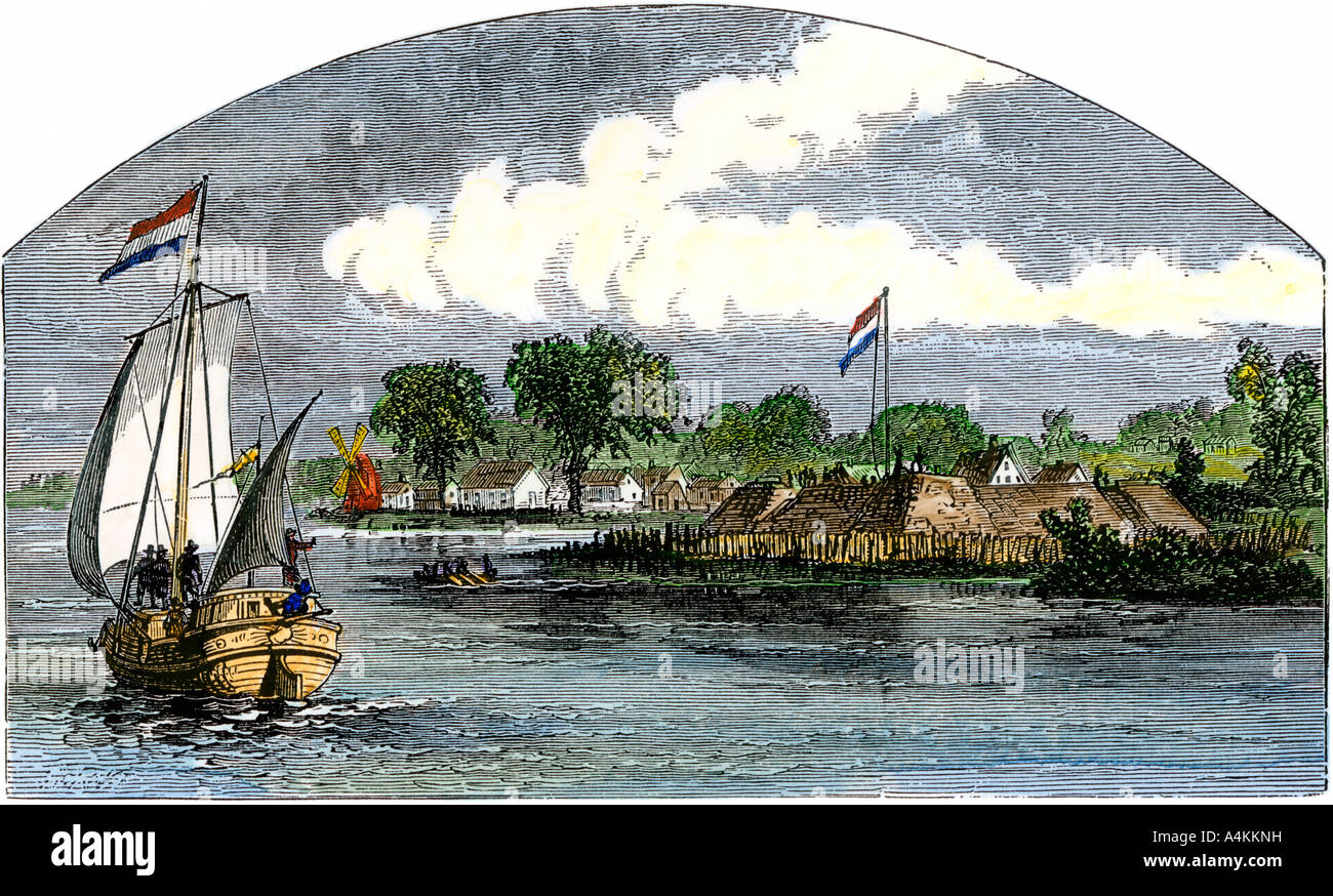 Holländische Schiff vorbei an Fort gute Hoffnung, jetzt Hartford, Connecticut River, 1600. Hand - farbige Holzschnitt Stockfoto