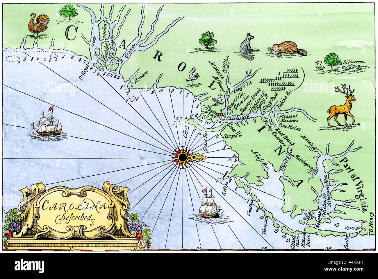 Küste der Carolinas in den 1600s, Charleston und die Outer Banks North nach rechts. Hand - farbige Holzschnitt Stockfoto