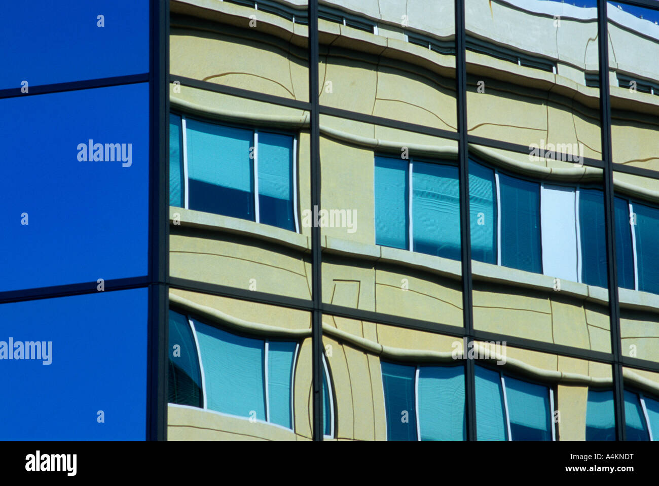 Reflexionen über ein Glasgebäude in Bellevue, Washington, USA Stockfoto