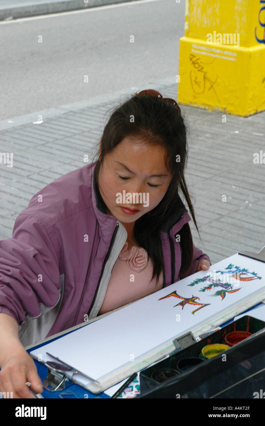 Barcelona Las Ramblas asiatische Straße Maler Stockfoto