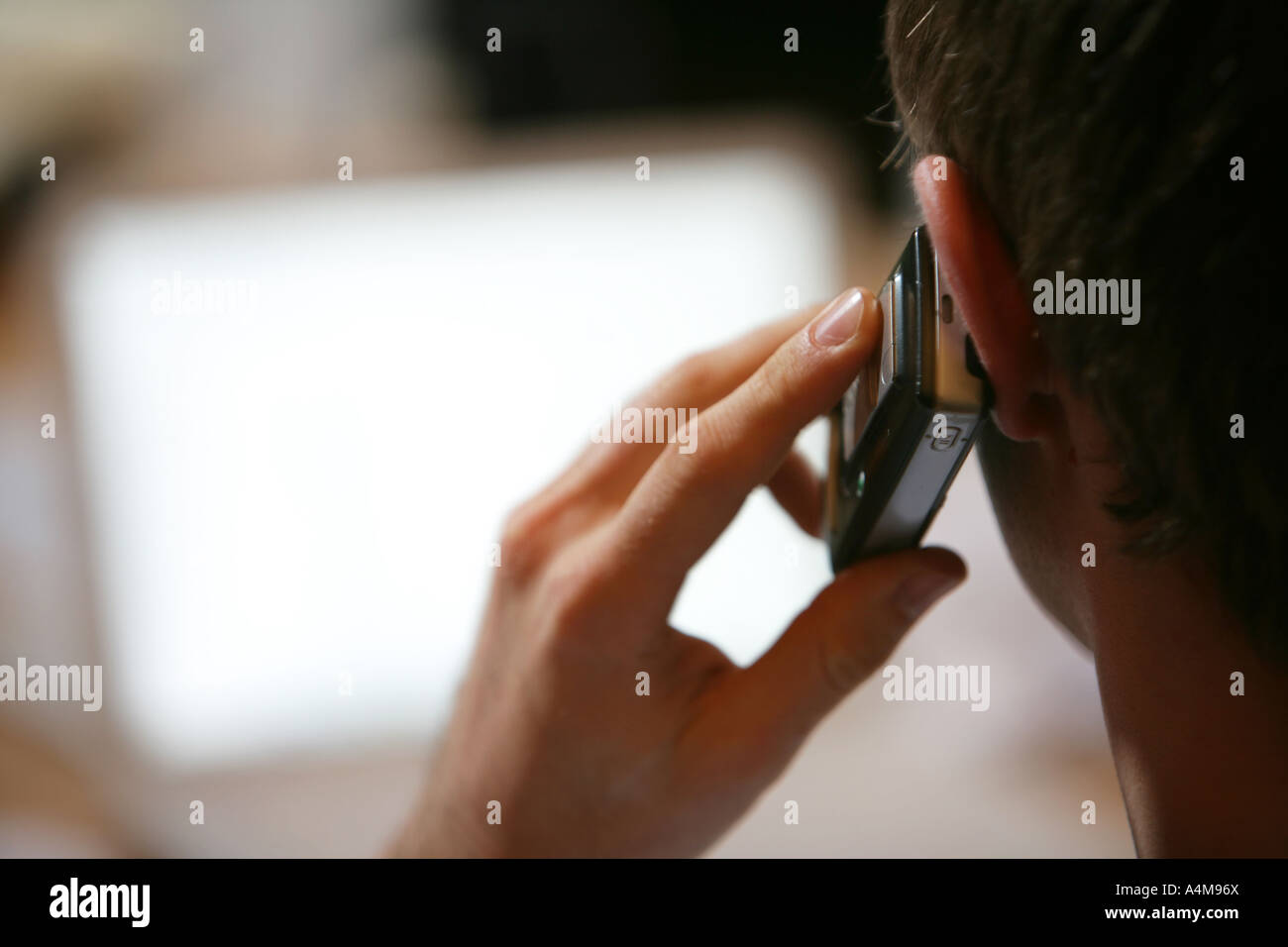 DEU-Deutschland-Mann mit einem Mobiltelefon in einem Büro Stockfoto