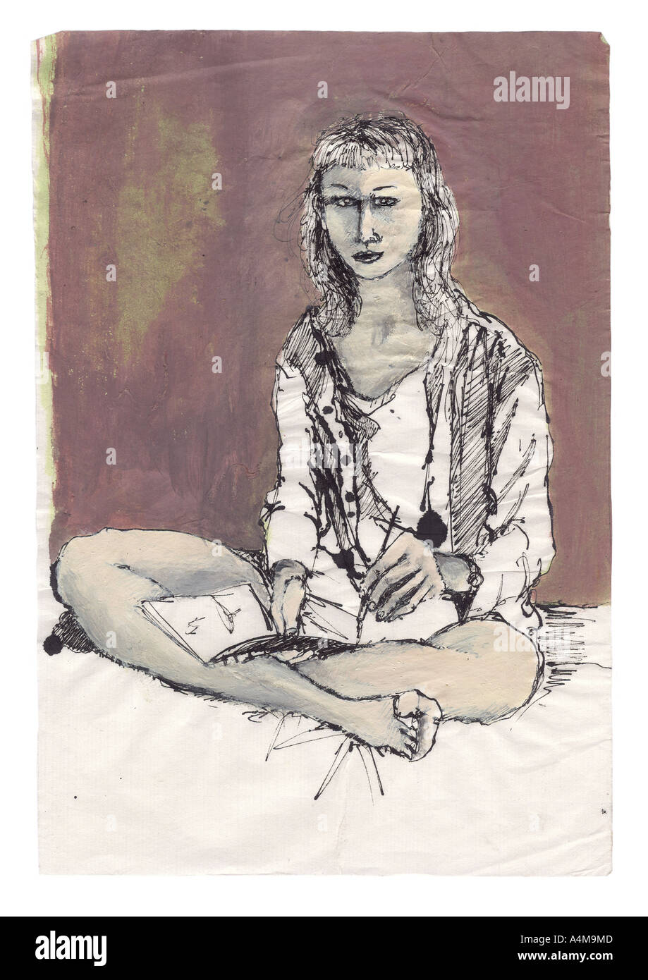 Frau sitzt auf dem Bett, Zeichnung Stockfoto