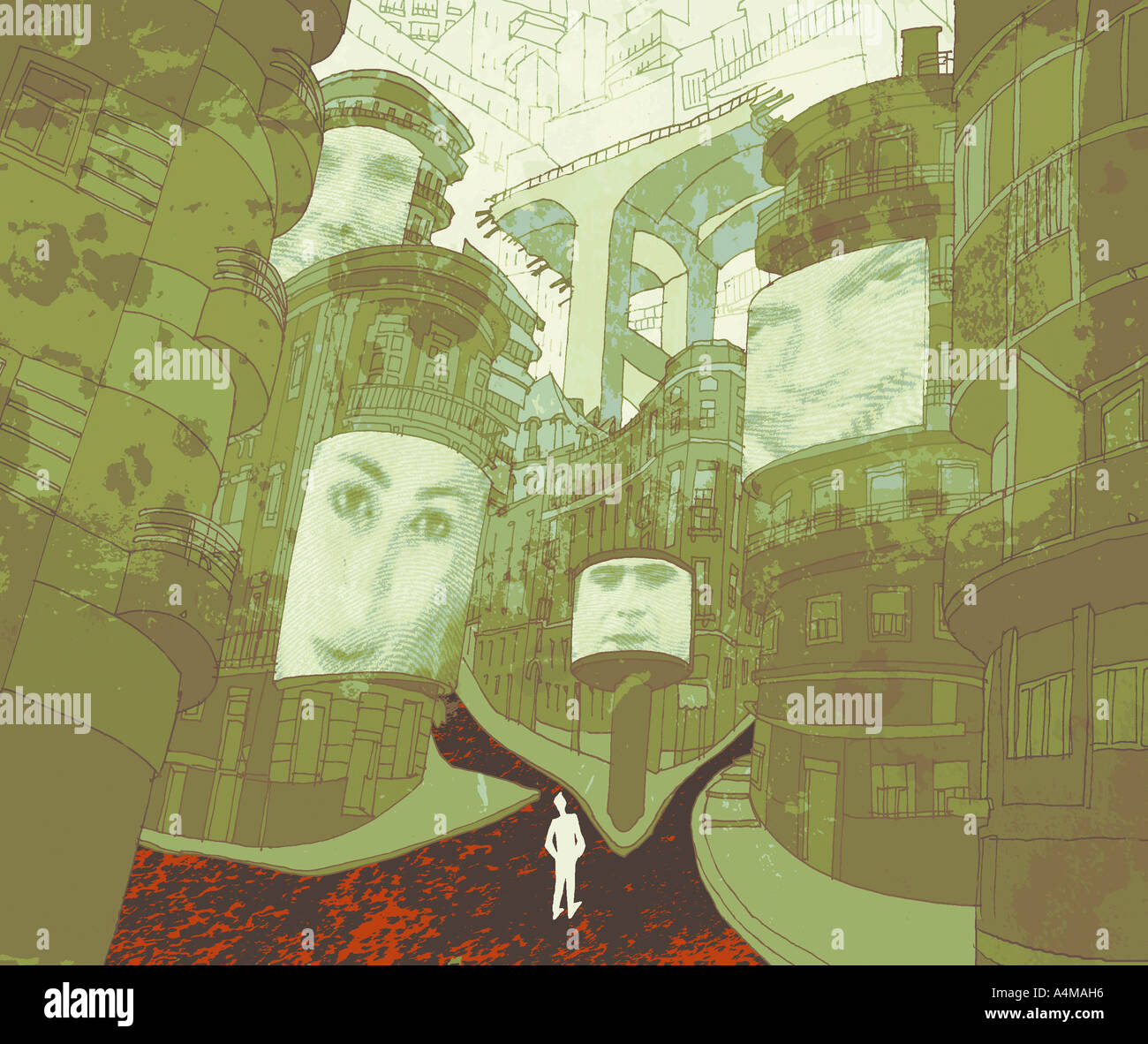 Futuristische Architektur mit Gesichtern auf Bildschirmen Stockfoto