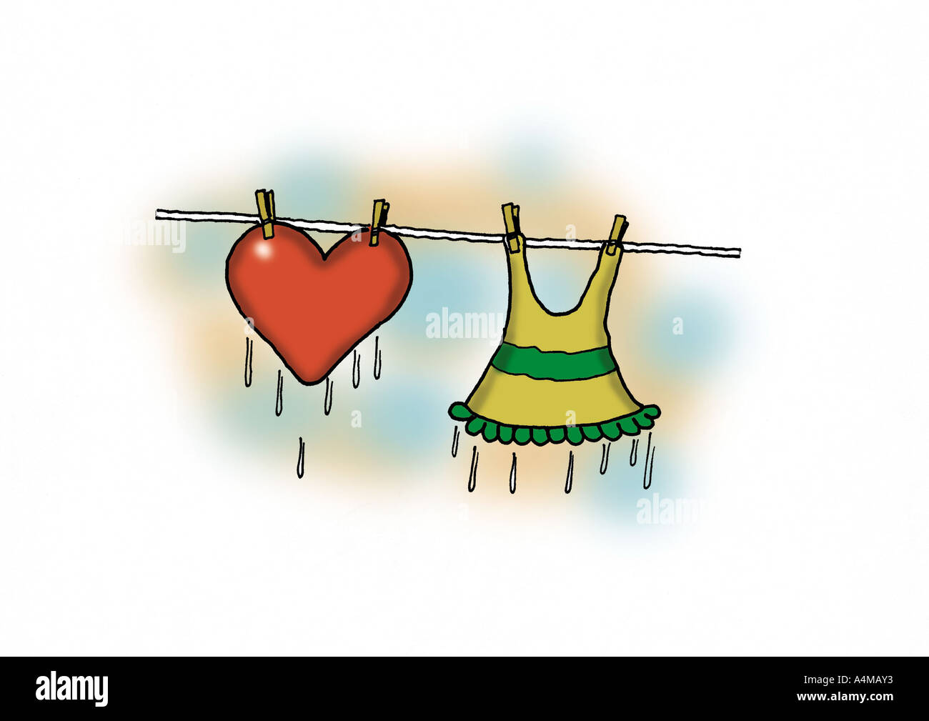Nasse Herz und Kleid, hängen, Wäscheleine Stockfoto