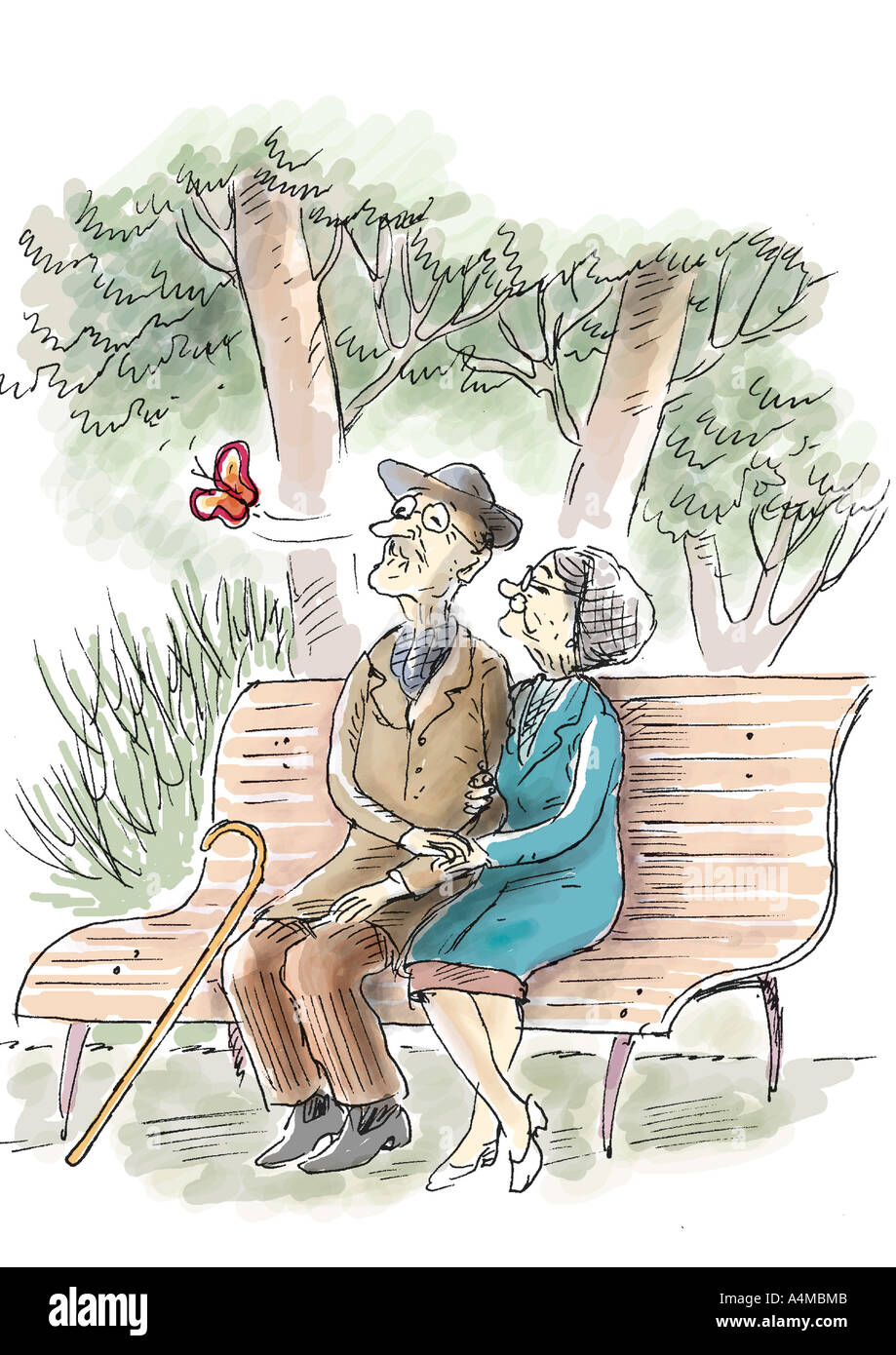 Älteres Ehepaar sitzt auf der Bank beobachten Schmetterling Stockfoto