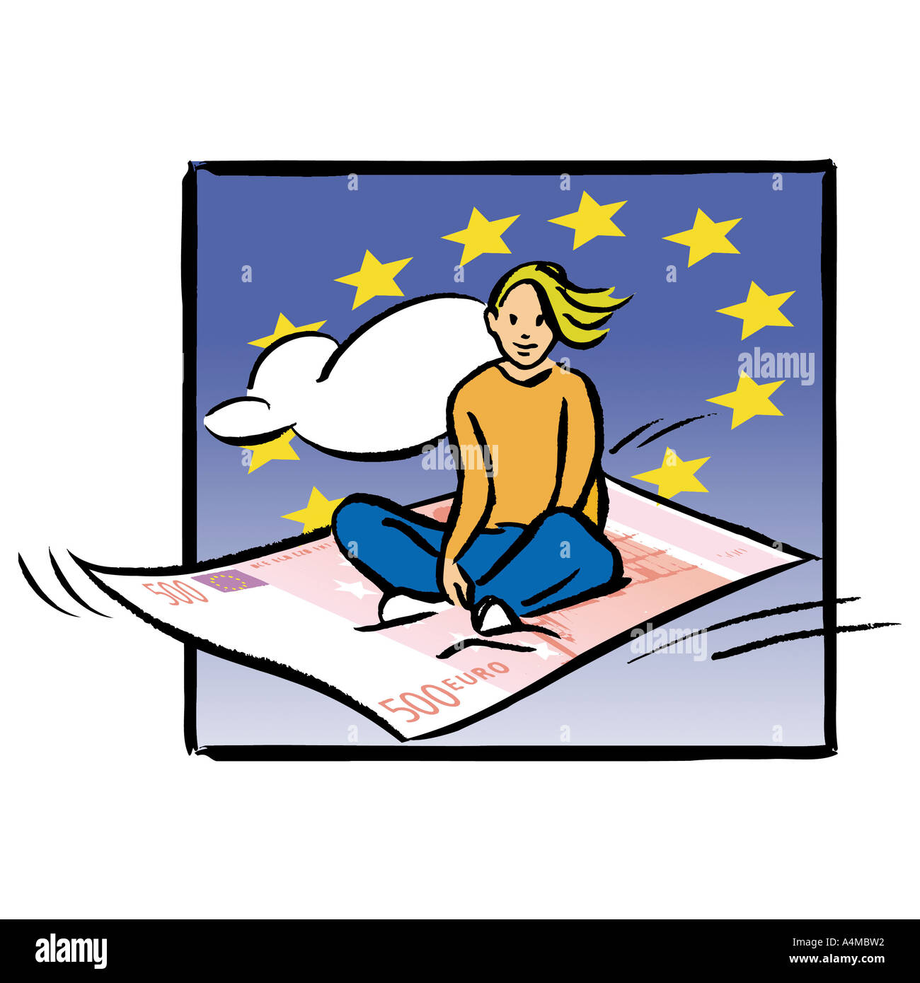 Frau sitzt auf fliegenden Teppich aus Euro-Schein Stockfoto