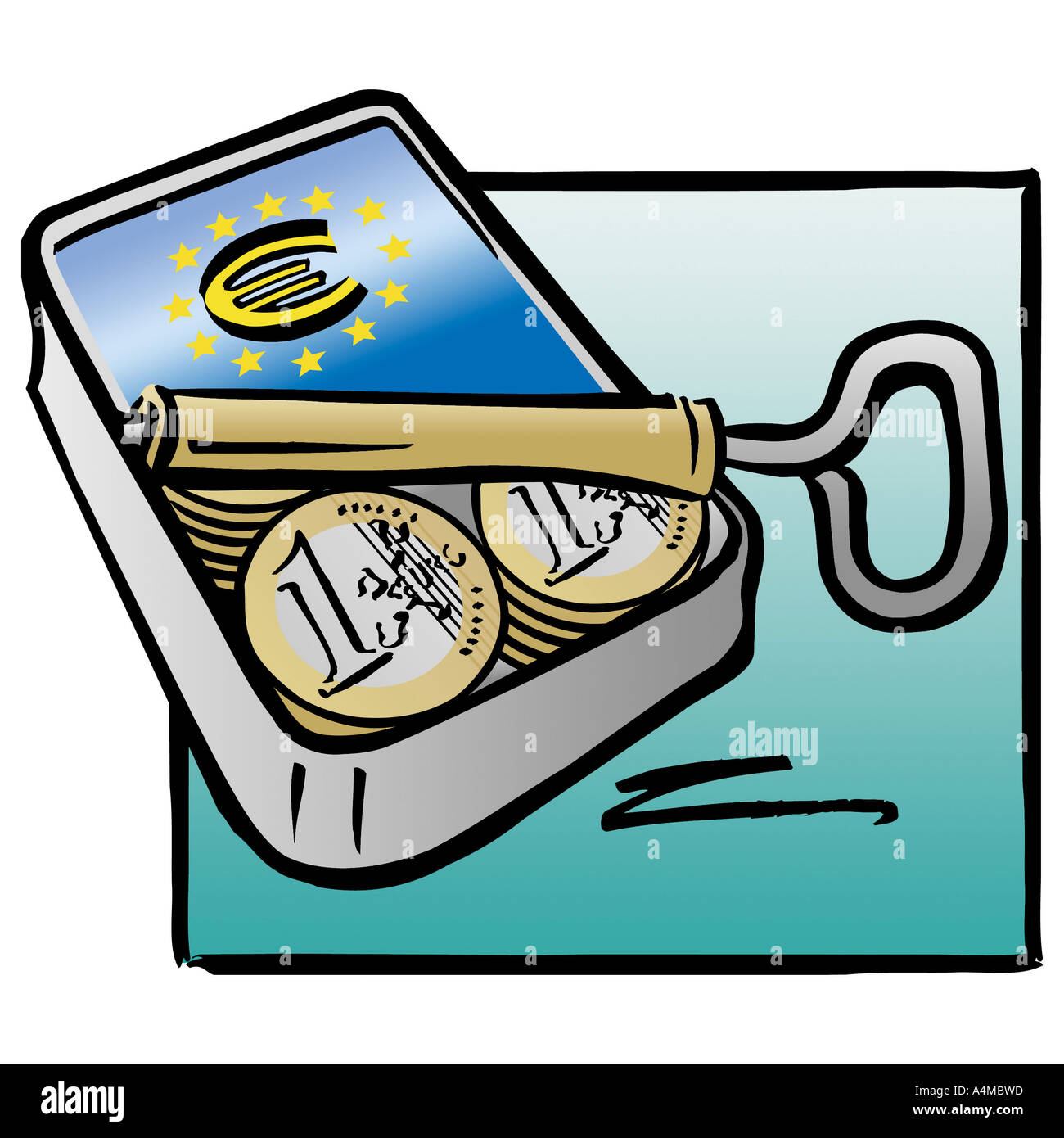 Sardine können mit Euro-Münzen Stockfoto