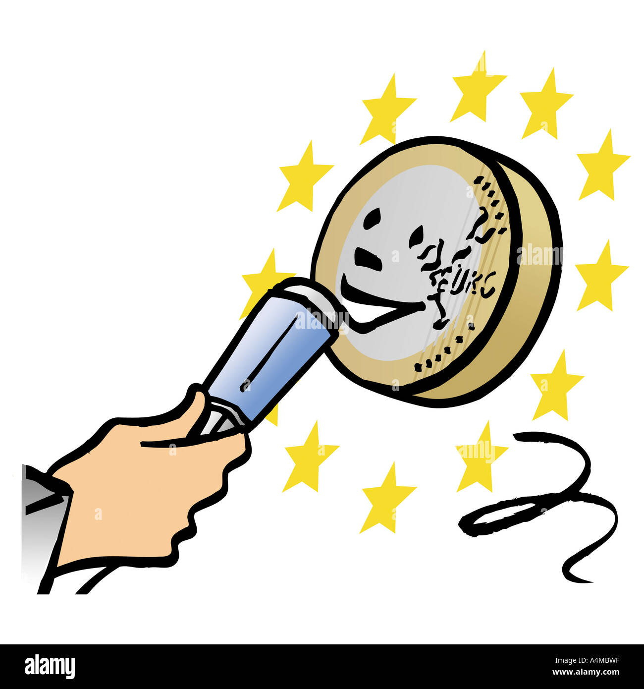 Euro-Münze ins Mikrofon sprechen Stockfoto