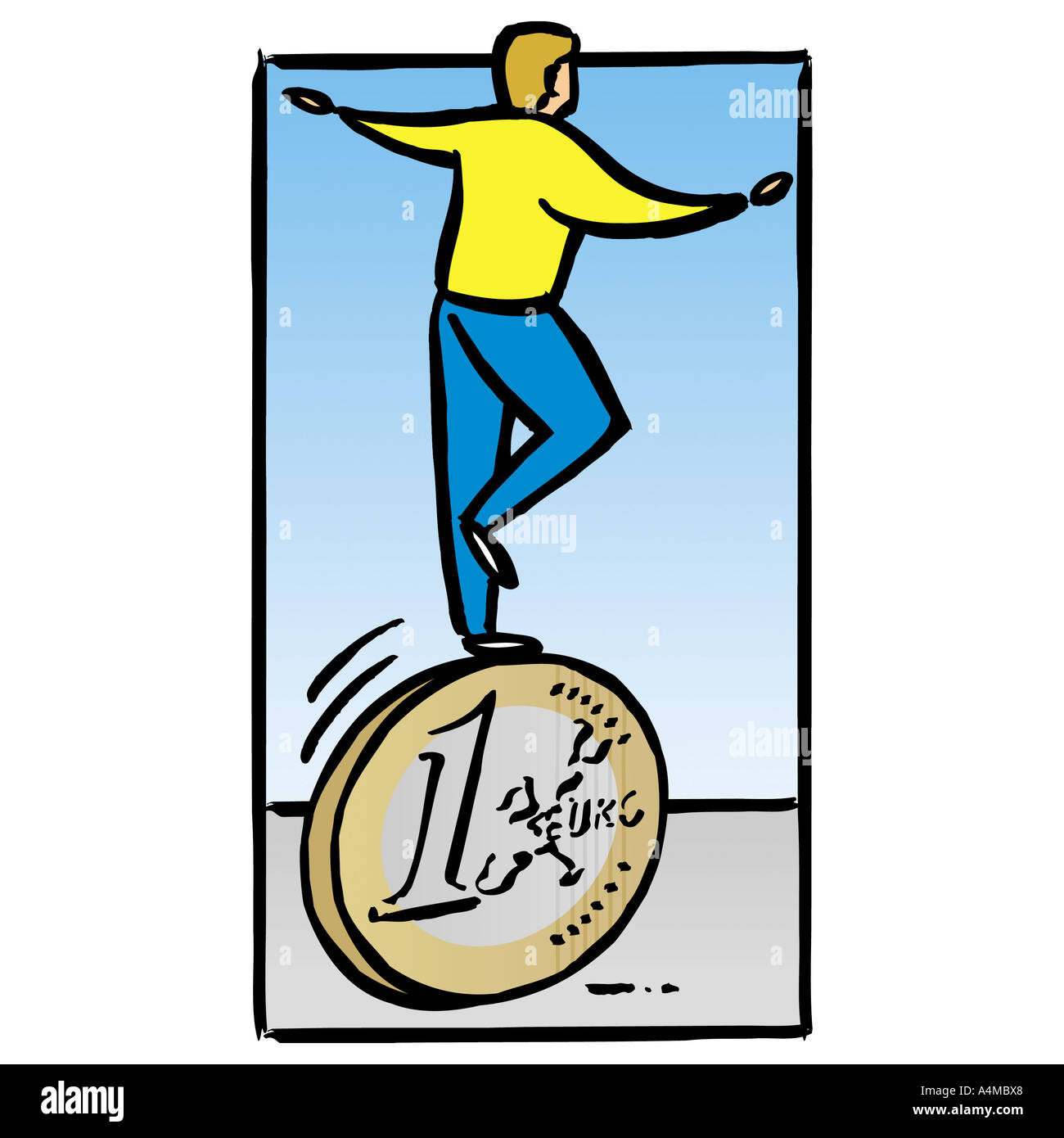Mann, balancieren auf Euro-Münze Stockfoto