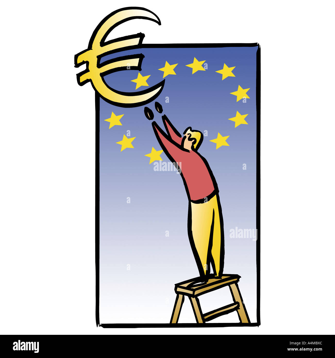 Mann auf Leiter für Euro-Zeichen zu erreichen Stockfoto