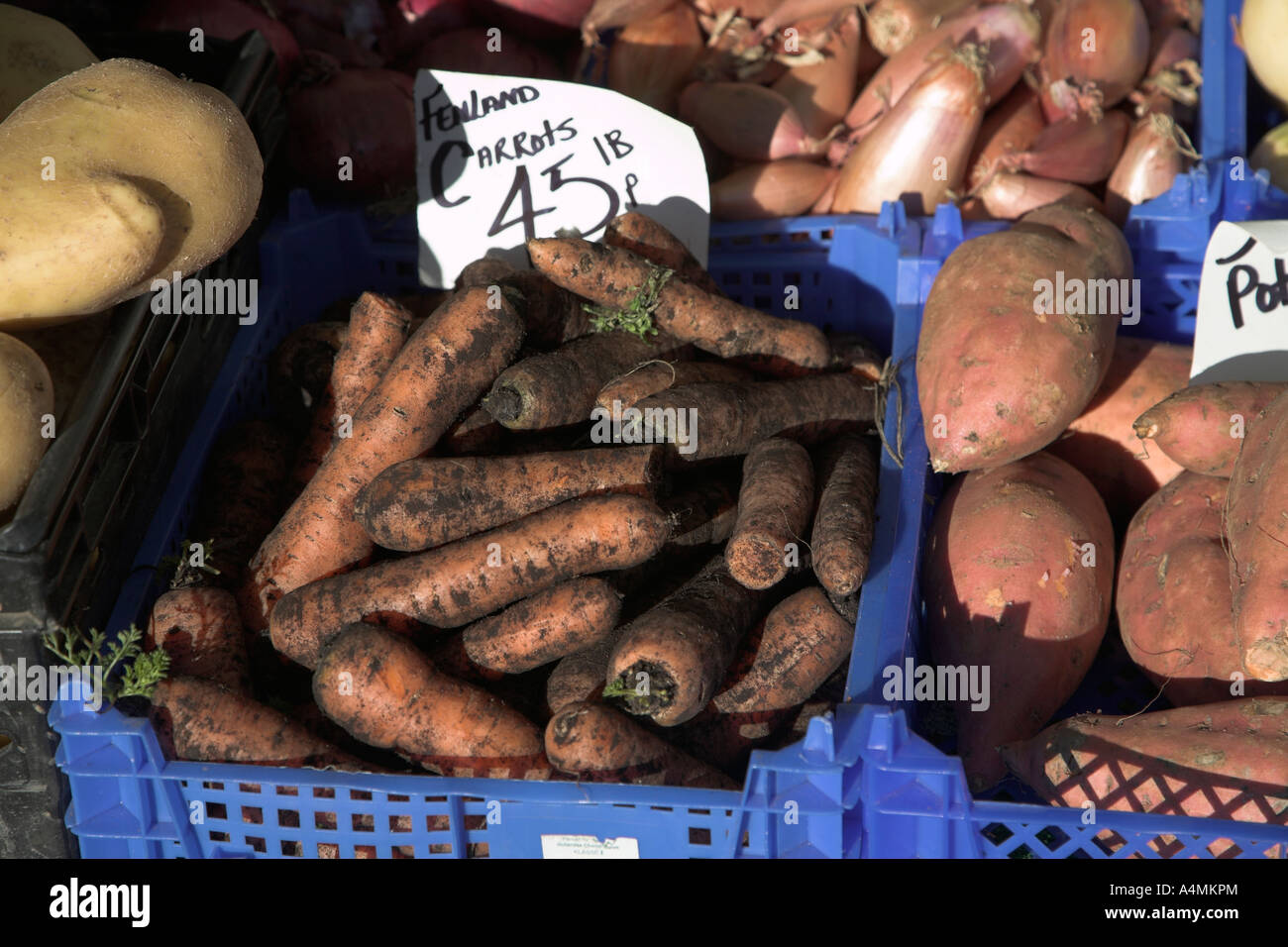 Fenland Karotten und anderem Gemüse auf dem Display auf einem Markt in England imperiale Maßeinheiten mit stall Stockfoto