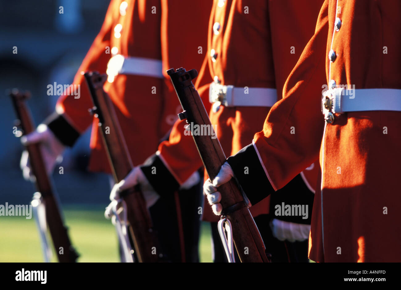 Armee-Reserven gekleidet als 19. Jahrhundert Soldaten in rot Serge Uniformen mit ihren Gewehren in Fredericton, New Brunswick Kanada Stockfoto