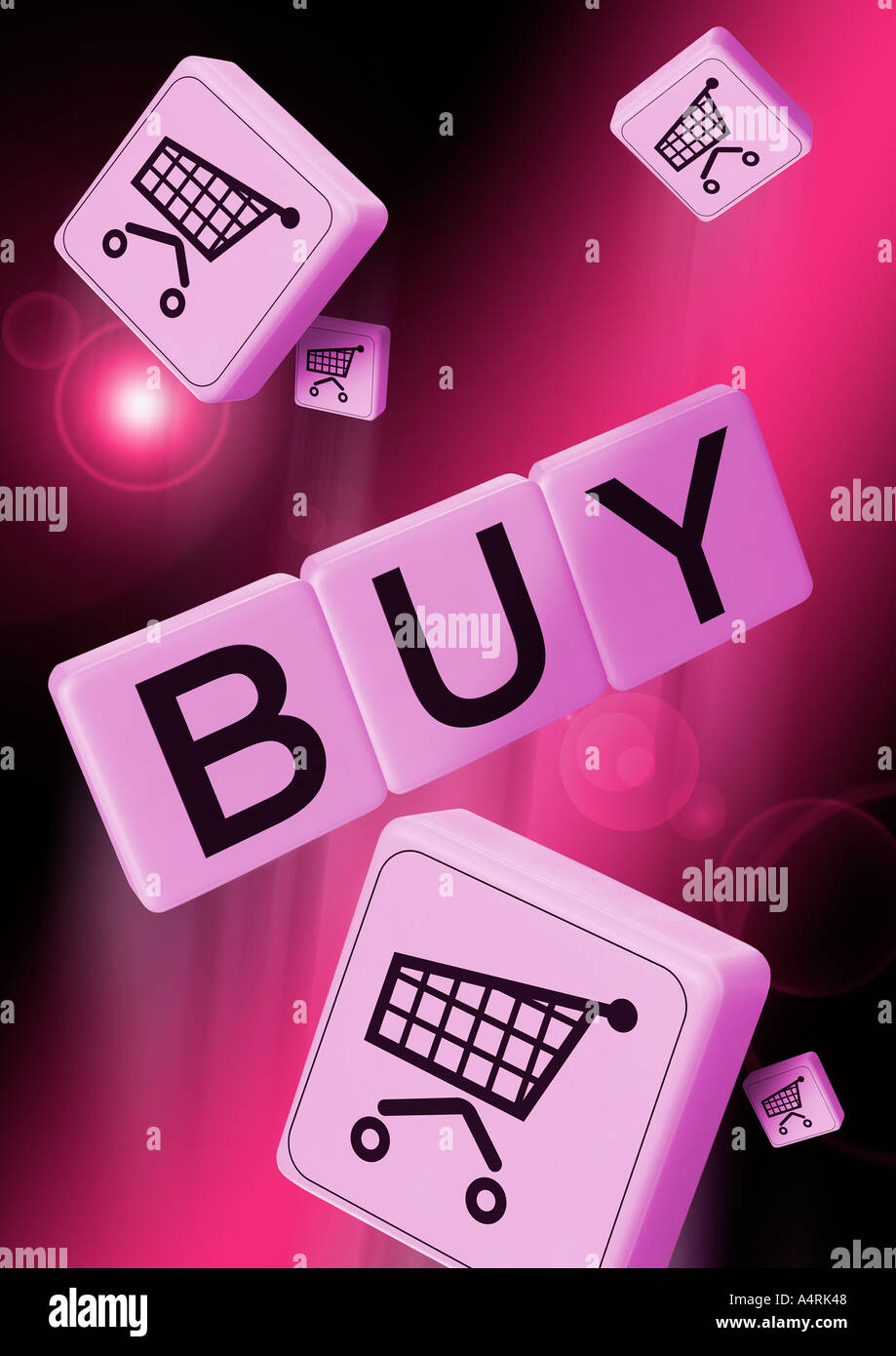 shopping Carts und Buchstaben sagen kaufen Spielsteine Mit Einkaufswagen Und Buchstaben Stockfoto