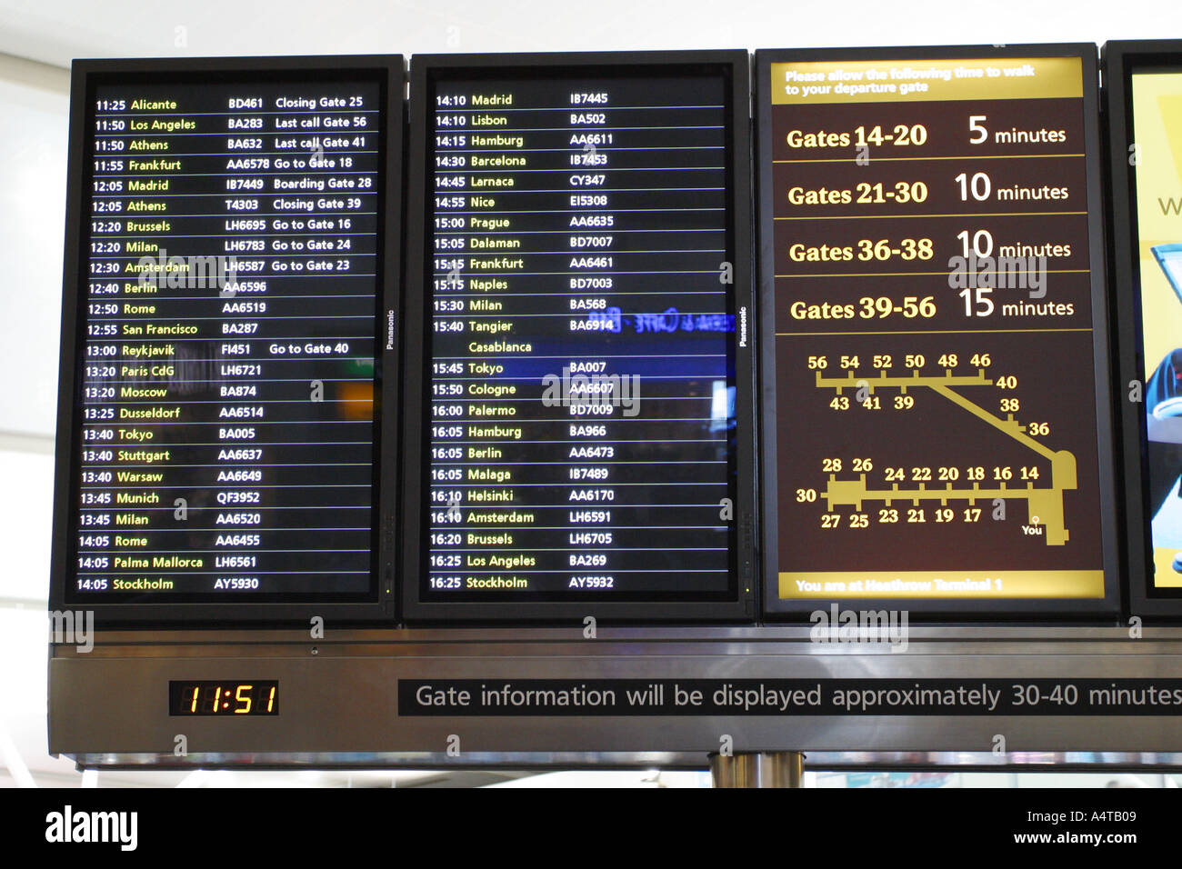 Flughafen Abflug Informationen Schild zeigt Tore für Abflug Stockfoto