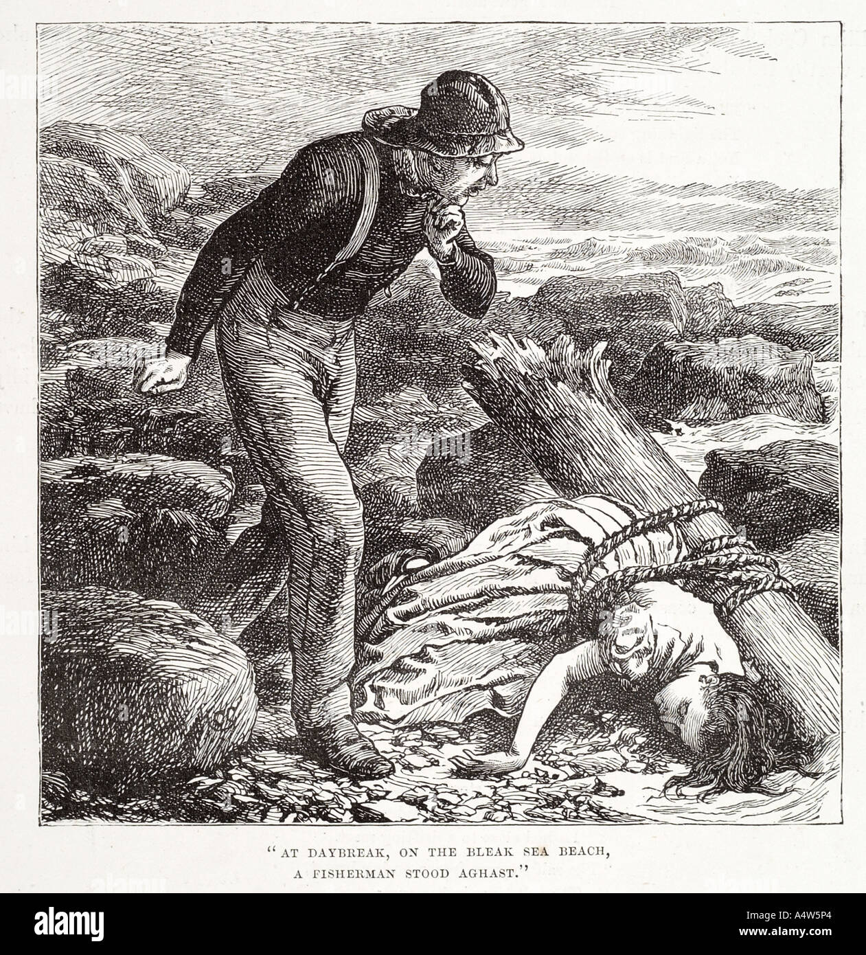 Fischer stand entsetzt Mann Frau ertrinken ertrunken gebunden Seil Mast gebrochen Ufer Treibgut finden Wrack versenkt Blick Küste Strand angespült Stockfoto