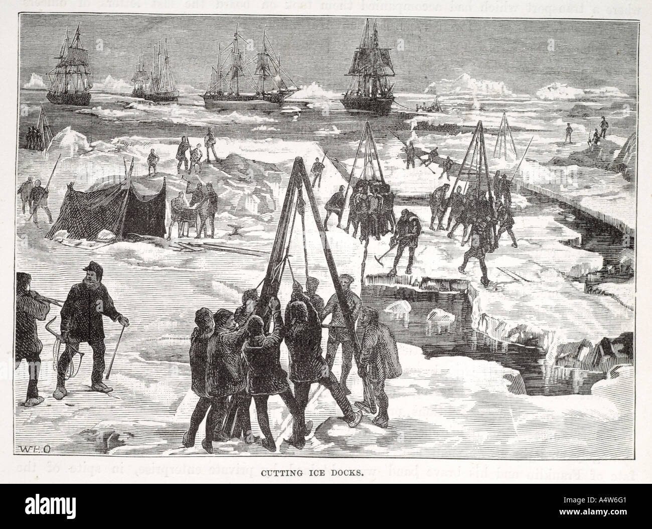 Polare Arktis Männer Arbeit Schnitt sah Derrick Zelt Schiff Boot Segel Eis Fluss Freiwasser kalt nautischen marine maritime Welle Meer Matrosen fliehen Stockfoto