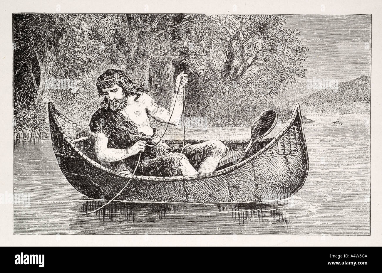 frühe Brite native Kanu Boot Paddel Ruder Fisch Haut verstecken Coracle Linie Schnur String Fluss Süßwasser Essen feed primitiven Fischen Stockfoto