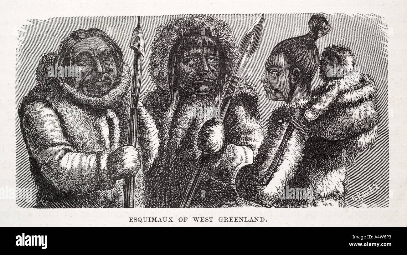 Eskimo Inuit native nordamerikanischen Familie Baby Papoose Fell Speer Harpune Handschuh Mitt arktischen Mann Frau Rasse Jäger Babyfisch Stockfoto