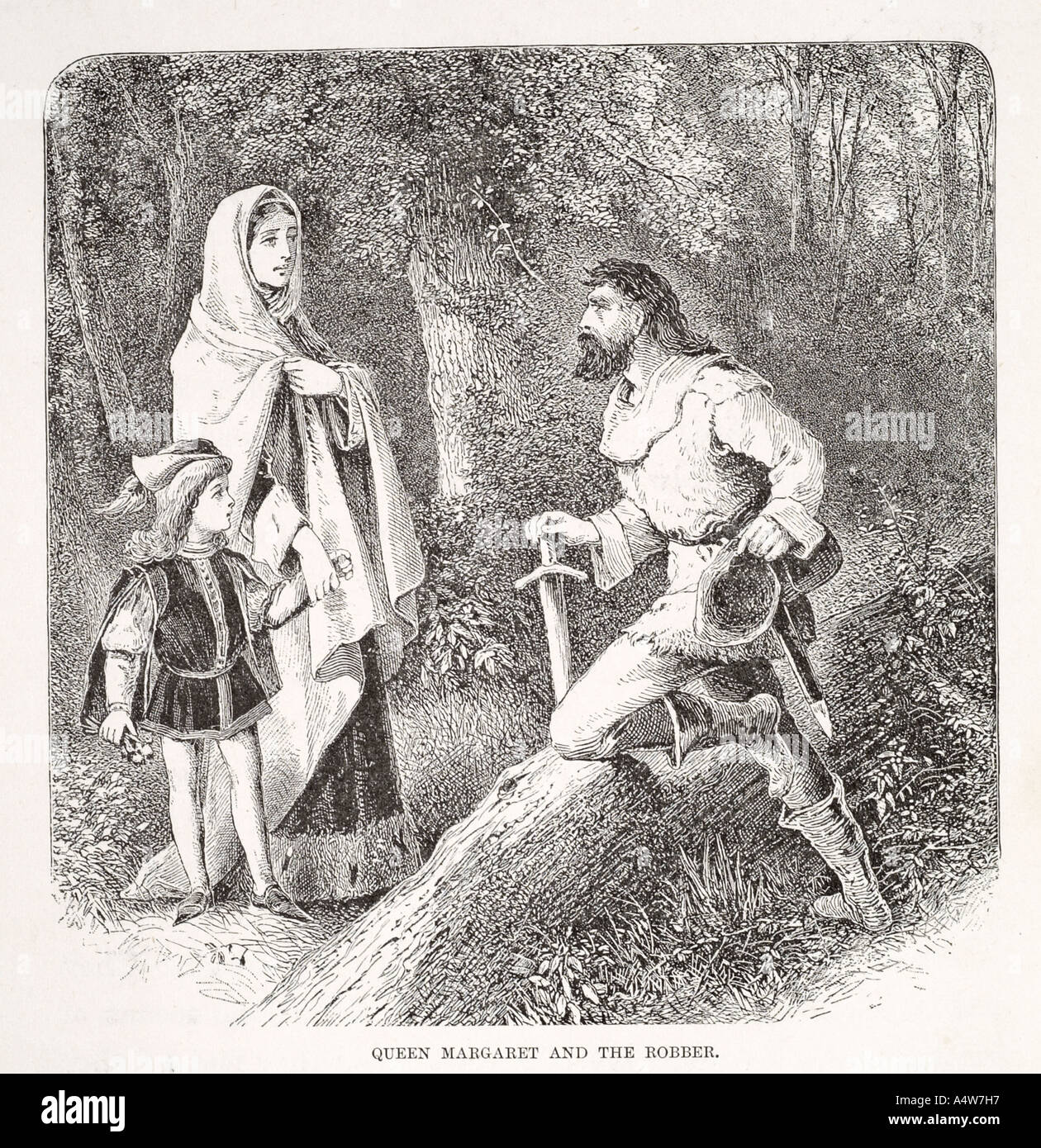 Königin Margarethe und die Räuber Mann Frau Kind Schwert Geschichte Geschichte Holz Waldweg England englische noble Folklore Literatur Knien Stockfoto