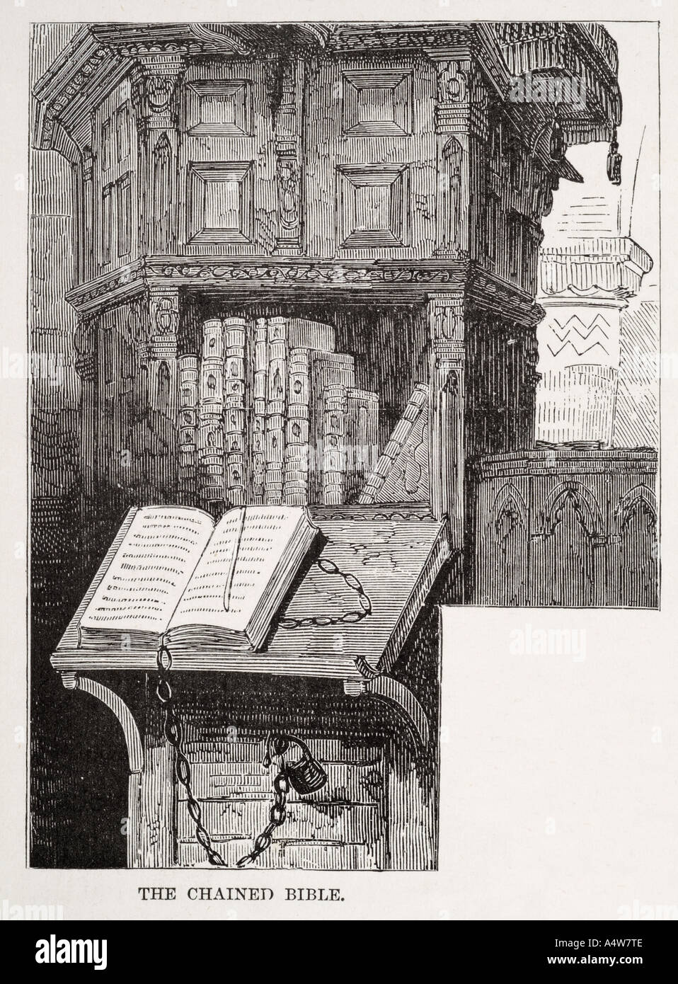 verkettete Bibel Kanzel Bibliothek Kirche sicher sicher halten Rednerpult Metall Verschluss geöffnet Seite lesen innen innen Druckerpapier englische Engla Stockfoto