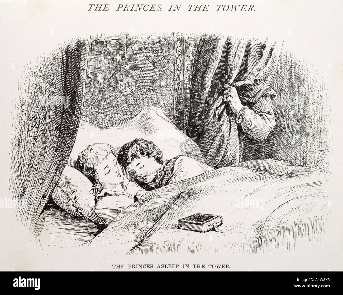Prinzen in den Turm Geschichte Legende Geschichte Bett Schlaf Buch Kind Kinder schlafen Kissen ruhen müde Gefahr Abdeckung Literatur Englisch Br Stockfoto