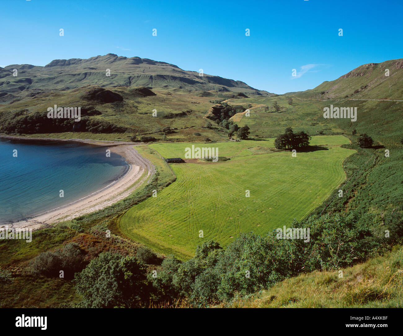Geschwungenen Strand und Rasenflächen in Camas Nan Geall Ardnamurchan Schottisches Hochland Stockfoto