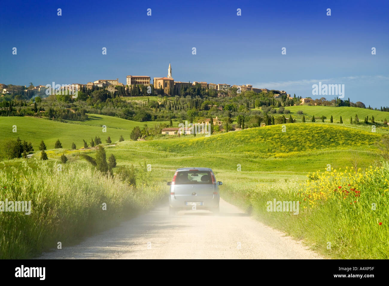 Kurvenreiche Straße führt nach Pienza Toskana Italien Europa Stockfoto