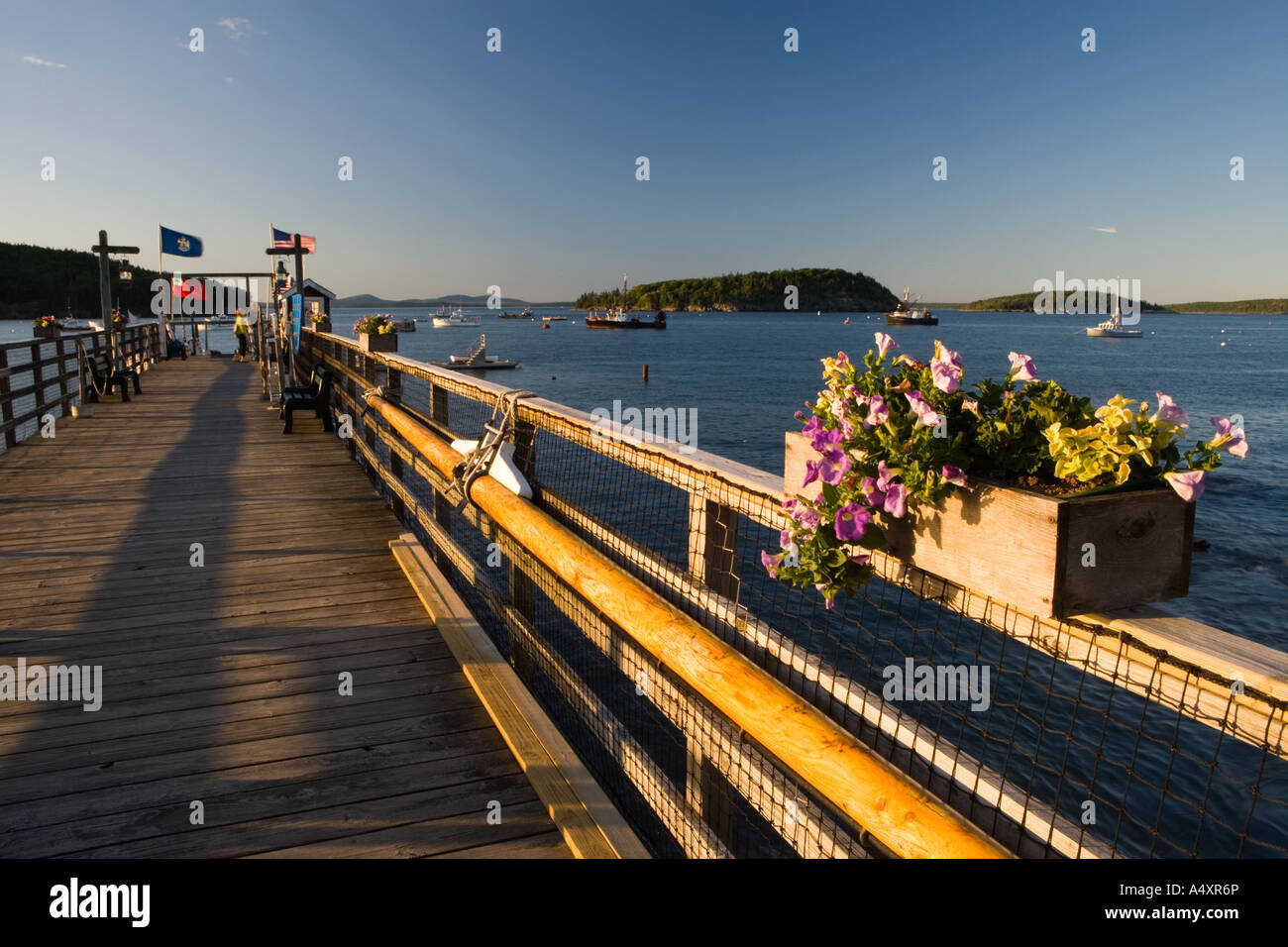 Ein Pier in Bar Harbor Maine Franzose Bucht und der Stachelschwein-Inseln sind in der Ferne Stockfoto
