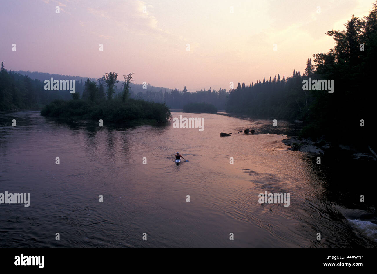 Errol NH am frühen Morgen Kajak Abenteuer auf dem Androscoggin River in der Nähe von sieben Inseln Brücke 13 Meile Wald Stockfoto