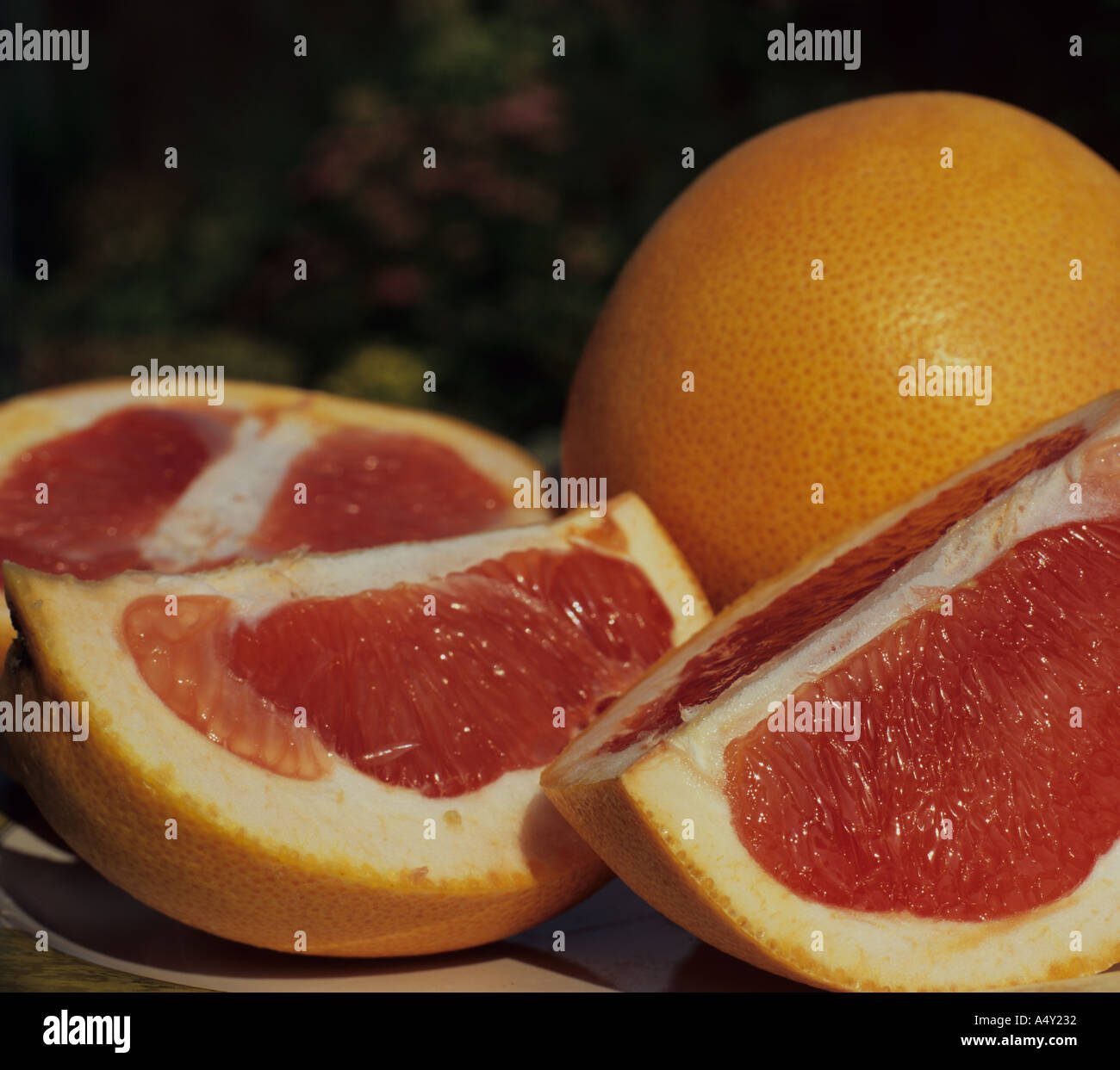 Rosa Grapefruit in Hälften und Viertel geschnitten Stockfoto