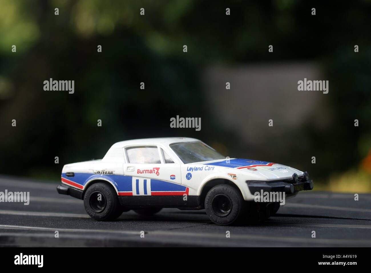 Anfang 1980 s Scalextric Auto seltene Vintage TR7 C 130 0020 Auto White Burmah Abziehbilder Stockfoto