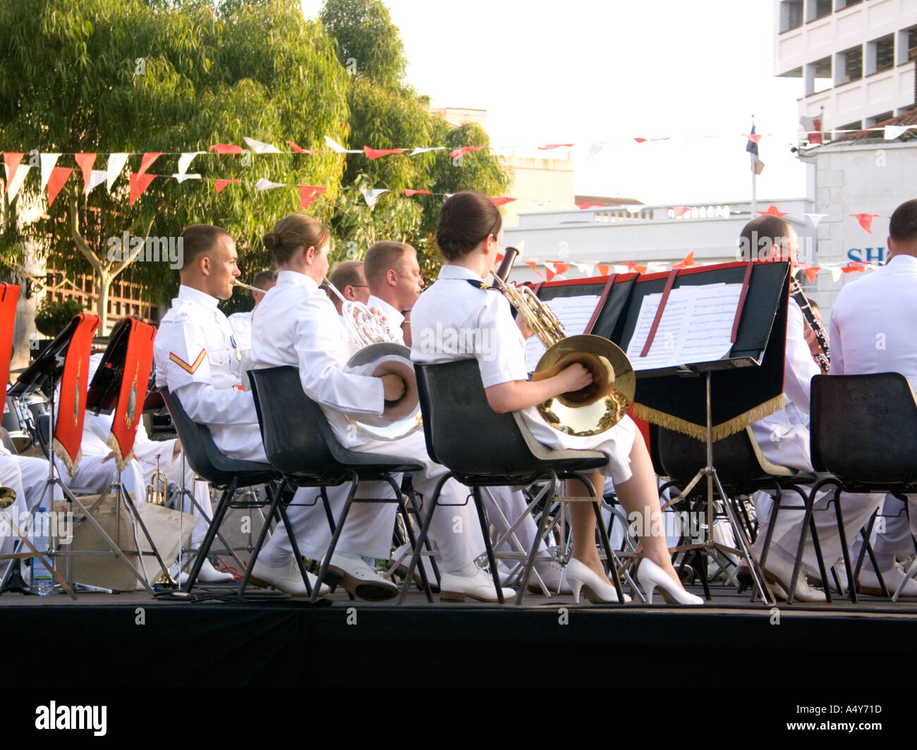 Royal Marines Band spielen in Gibraltar bis 300 Jahren der britischen Herrschaft, militärische feiern Stockfoto