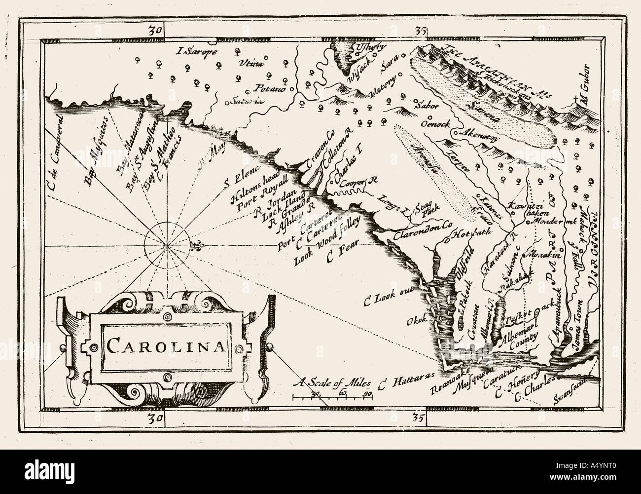 Antike Landkarte von Carolina von Petrus Kaerius 1646 von John Speed Aussicht der berühmten Gegenden der Welt-1675 JMH0976 Stockfoto