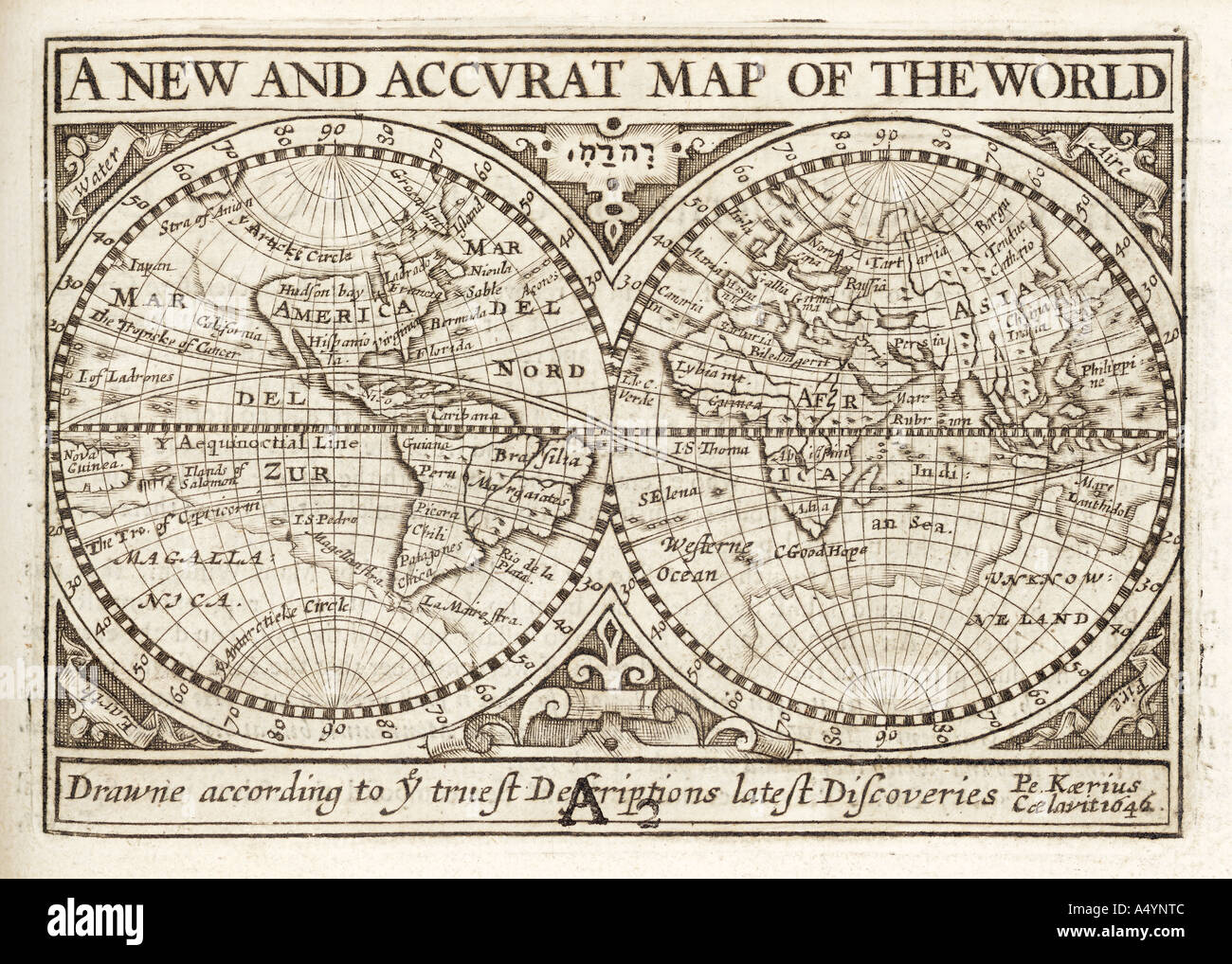 Antike Landkarte von der Welt von Petrus Kaerius 1646 von John Speed Aussicht der berühmten Gegenden der Welt-1675 JMH0981 Stockfoto