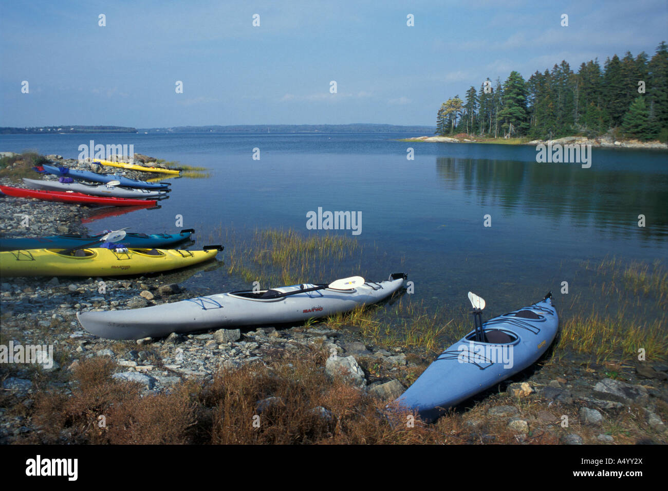 Kajaks liegen am Ufer von Mount Desert Island in Maine s Acadia Nationalpark Stockfoto