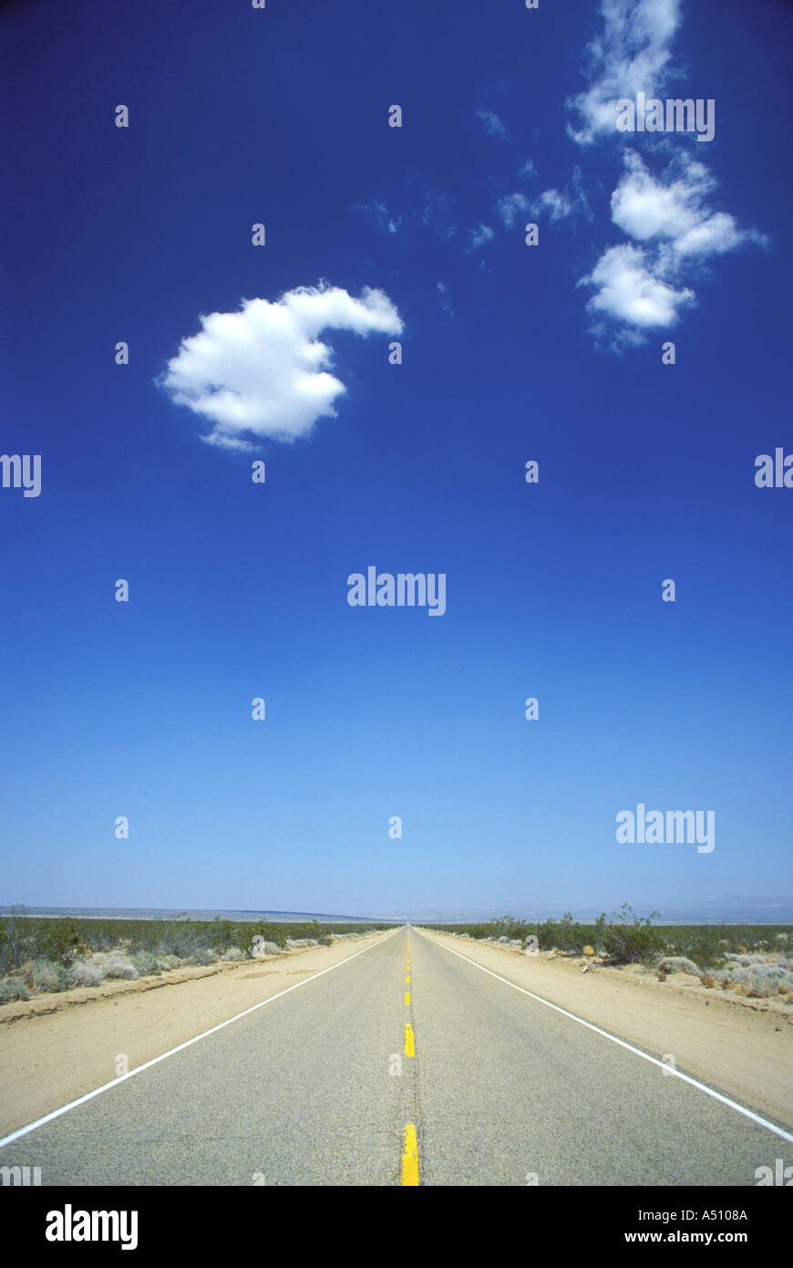Straight roadway leading off into the desert Nevada USA Stockfoto