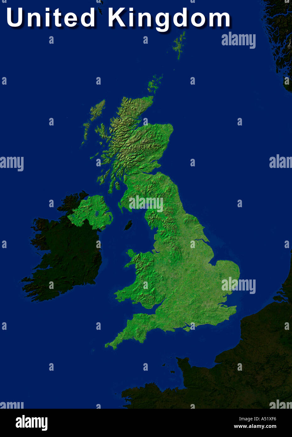 Hervorgehobene Satellitenbild des Vereinigten Königreichs, mit Text Stockfoto