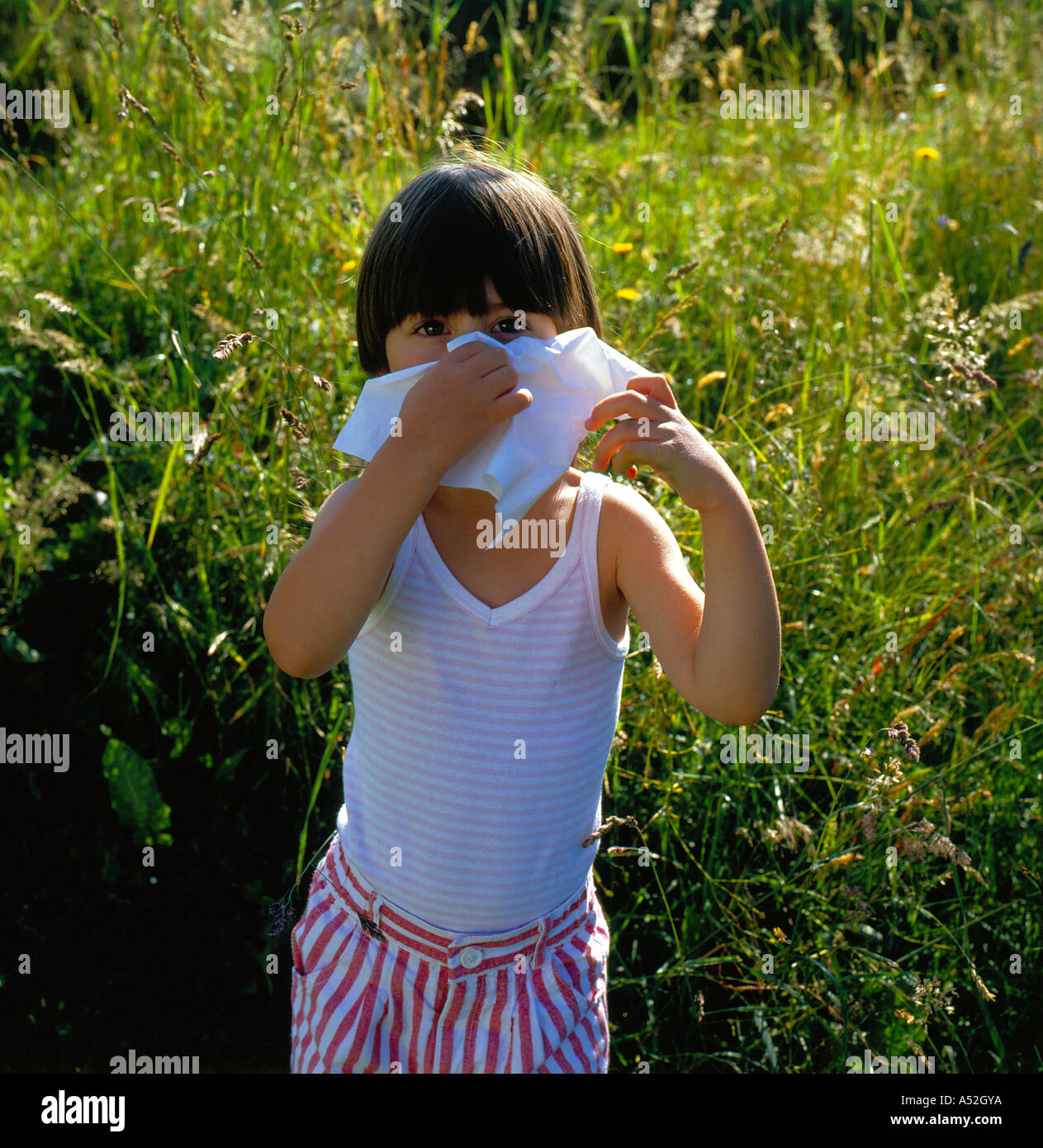 Mädchen stehen auf Wiese allergische Nase weht. Foto: Willy Matheisl Stockfoto