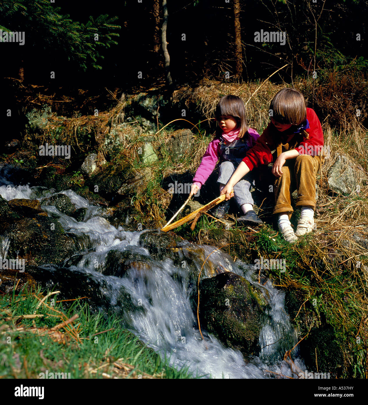 Kinder beim Spielen mit fließendem Wasser in einem Bach, Bayern, Deutschland.  Foto: Willy Matheisl Stockfoto