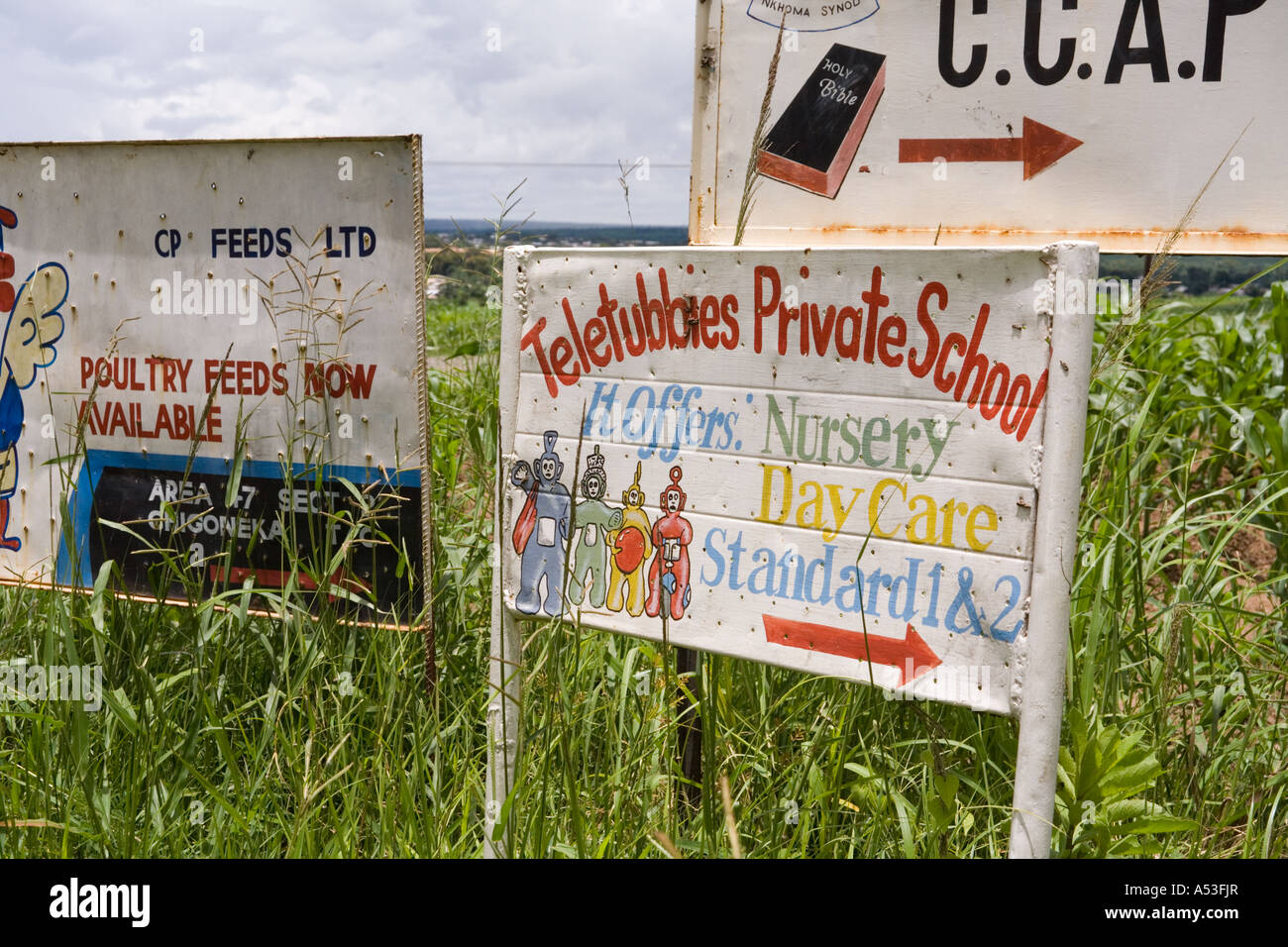 Teletubbies-Privatschule auf ein Werbeschild an der Straße im Bereich 47 Lilongwe Malawi Afrika gefördert Stockfoto