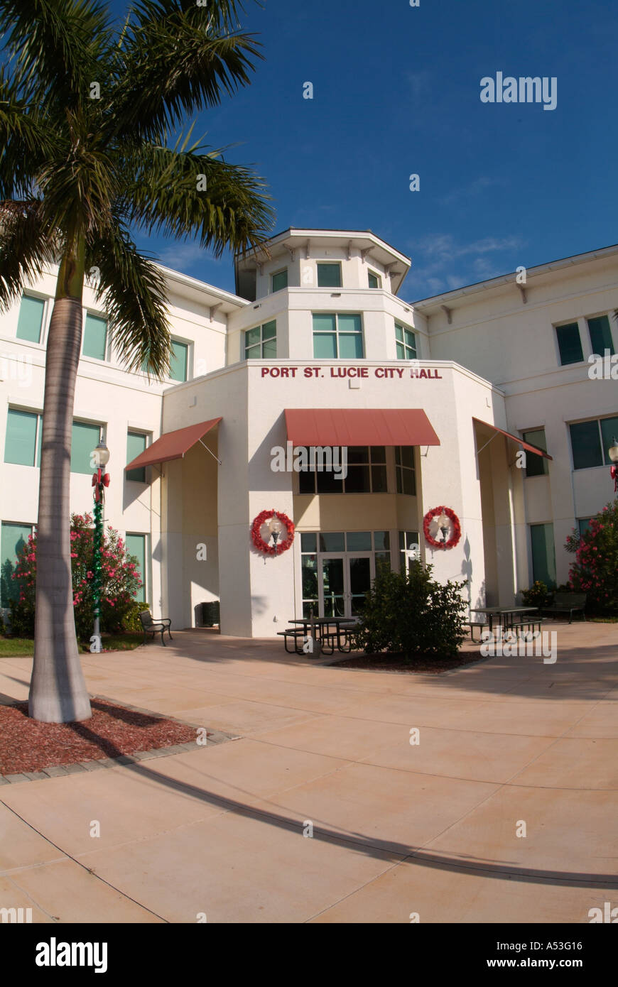 Palmen in Landschaft Stadt von Port Saint Lucie Rathaus St. Lucie County Florida St Stockfoto