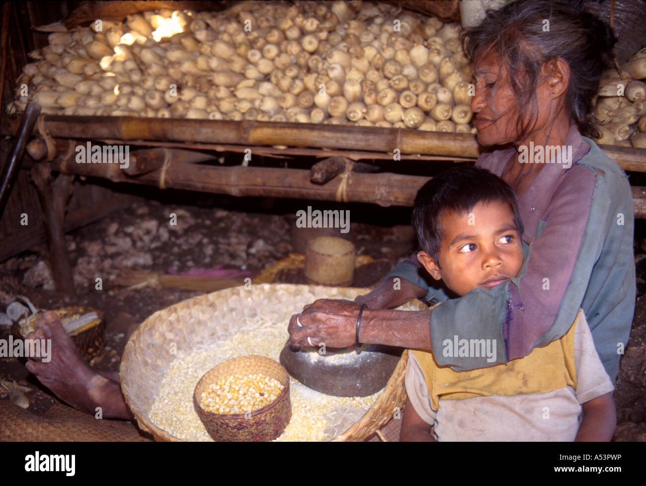 Painet ha1727 3494 Essen Frau Kind Schleifen Mais Atambua West Timor Indonesien Land entwickeln Nation wirtschaftlich Stockfoto