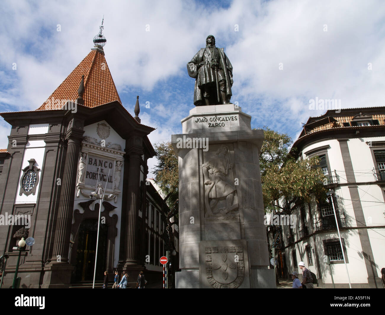 Funchal, Banco de Portugal, Statue Joao Goncalves Zarco, Seemann, Wiederentdeckung von Madeira Stockfoto