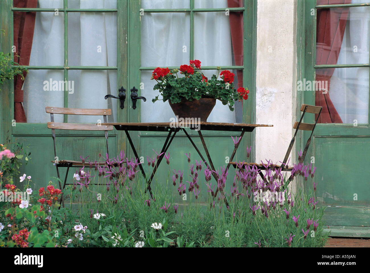 Topf mit roten Geranien auf Metall Tisch mit Stühlen vor grünen Fenstertüren des traditionellen Hauses Stockfoto